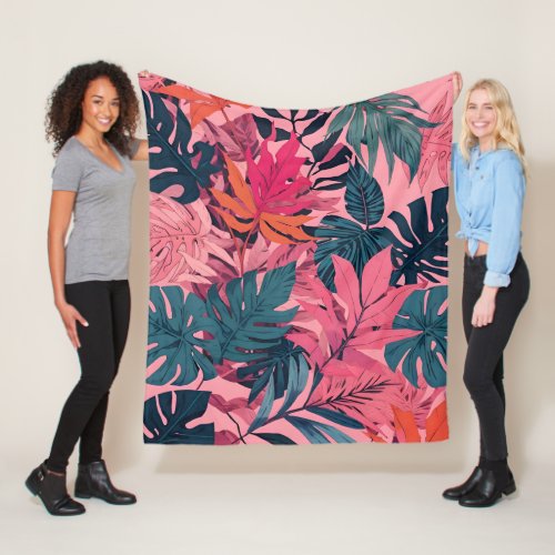tropical pattern bright plants on pink background fleece blanket