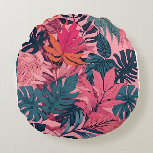 tropical pattern bright plants on pink background round pillow