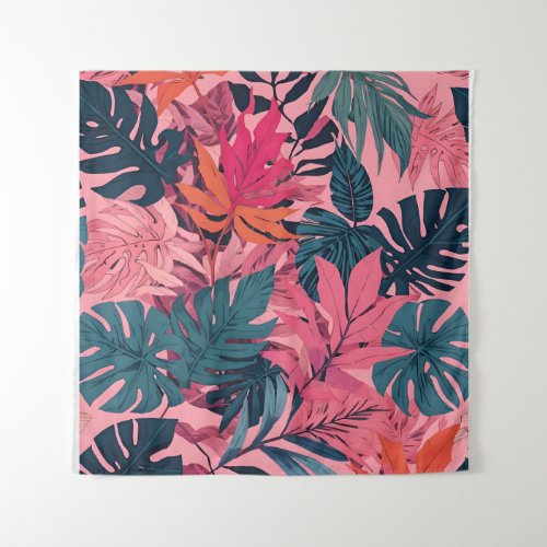 tropical pattern bright plants on pink background tapestry