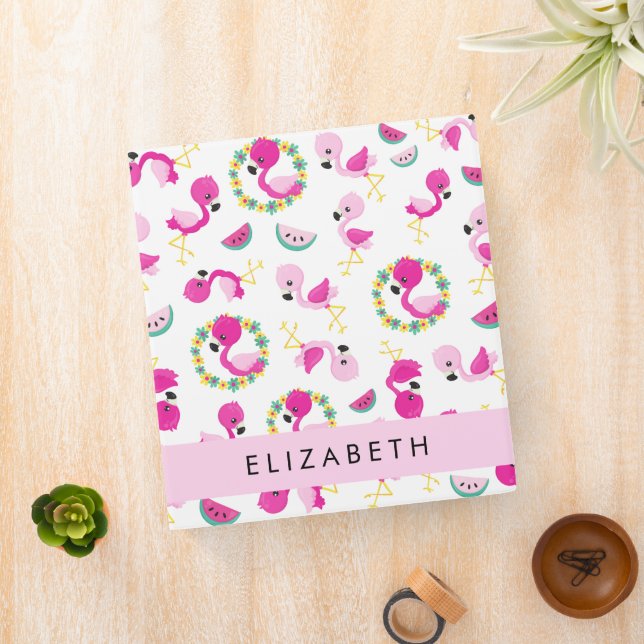 Tropical Pattern, Flamingos, Flowers, Your Name 3 Ring Binder (In Situ)
