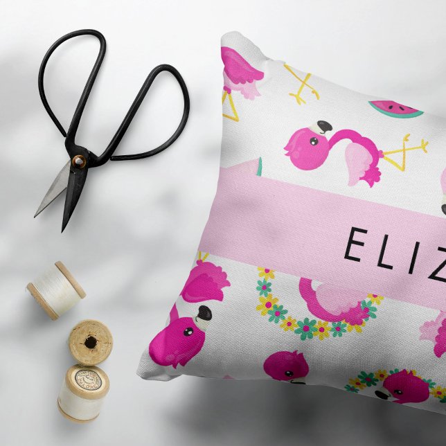 Tropical Pattern, Flamingos, Flowers, Your Name Accent Pillow (Creator Uploaded)