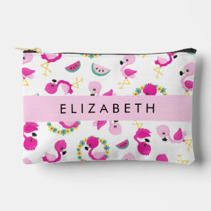 Tropical Pattern, Flamingos, Flowers, Your Name Accessory Pouch