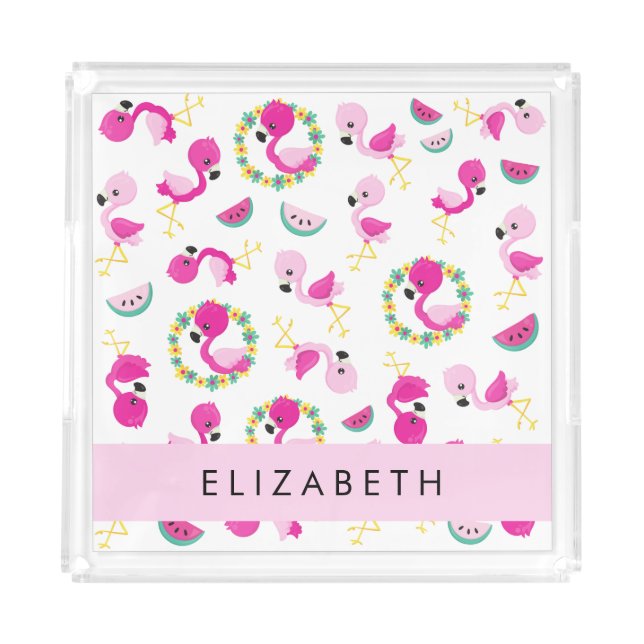 Tropical Pattern, Flamingos, Flowers, Your Name Acrylic Tray (Front)