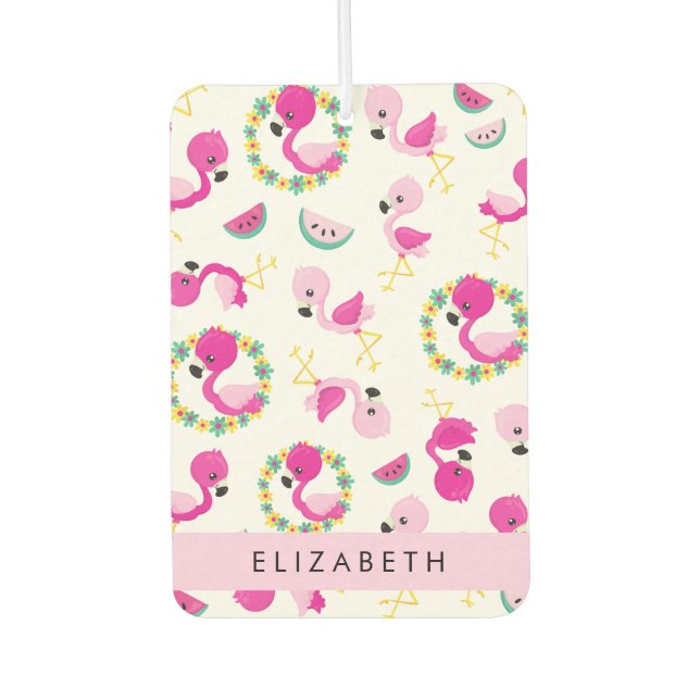 Tropical Pattern, Flamingos, Flowers, Your Name Air Freshener (Front)
