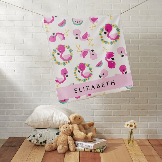Tropical Pattern, Flamingos, Flowers, Your Name Baby Blanket (In Situ)