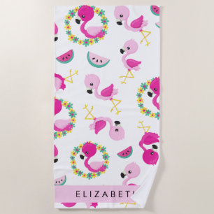 Tropical Pattern, Flamingos, Flowers, Your Name Beach Towel