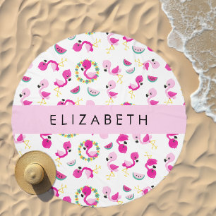Tropical Pattern, Flamingos, Flowers, Your Name Beach Towel
