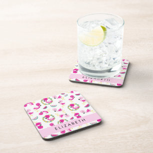 Tropical Pattern, Flamingos, Flowers, Your Name Beverage Coaster