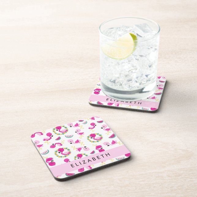 Tropical Pattern, Flamingos, Flowers, Your Name Beverage Coaster (Right Side)