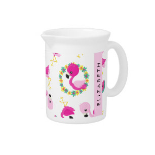 Tropical Pattern, Flamingos, Flowers, Your Name Beverage Pitcher