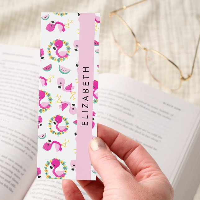 Tropical Pattern, Flamingos, Flowers, Your Name Bookmarks (Hand)