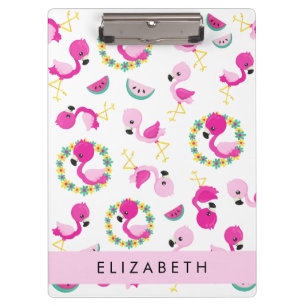 Tropical Pattern, Flamingos, Flowers, Your Name Clipboard