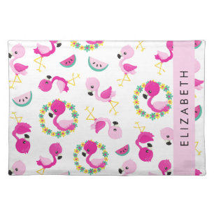 Tropical Pattern, Flamingos, Flowers, Your Name Cloth Placemat