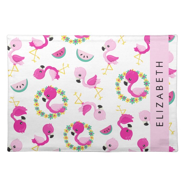 Tropical Pattern, Flamingos, Flowers, Your Name Cloth Placemat (Front)