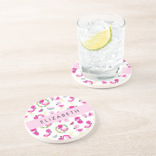 Tropical Pattern, Flamingos, Flowers, Your Name Coaster