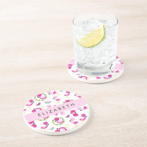 Tropical Pattern Flamingos Flowers Your Name Coaster