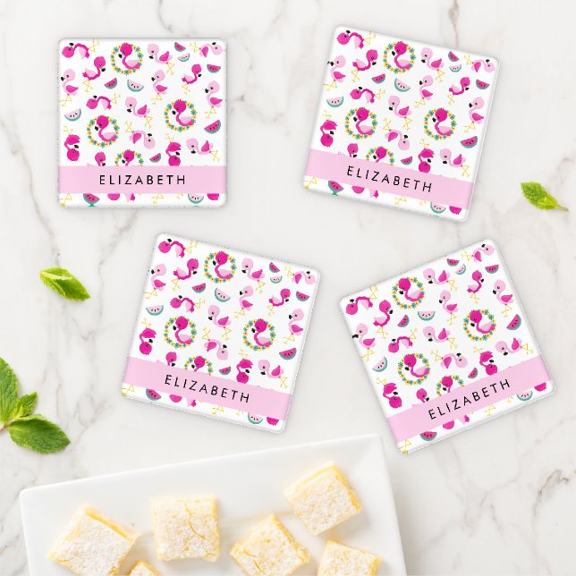 Tropical Pattern, Flamingos, Flowers, Your Name Coaster Set (In Situ)