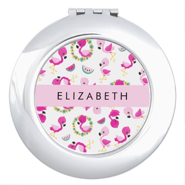 Tropical Pattern, Flamingos, Flowers, Your Name Compact Mirror (Front)
