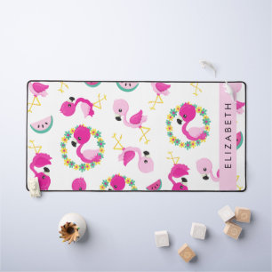Tropical Pattern, Flamingos, Flowers, Your Name Desk Mat