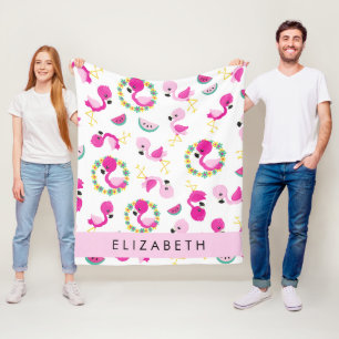 Tropical Pattern, Flamingos, Flowers, Your Name Fleece Blanket