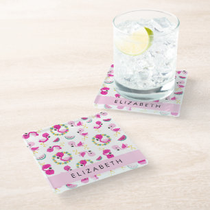 Tropical Pattern, Flamingos, Flowers, Your Name Glass Coaster