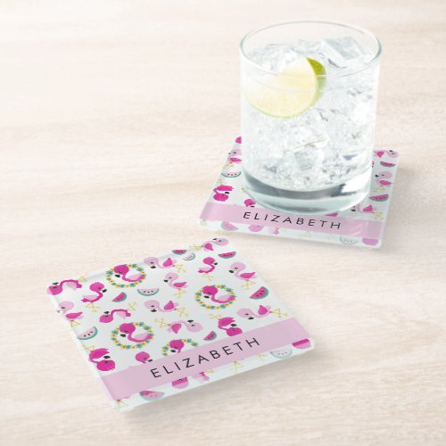 Tropical Pattern Flamingos Flowers Your Name Glass Coaster