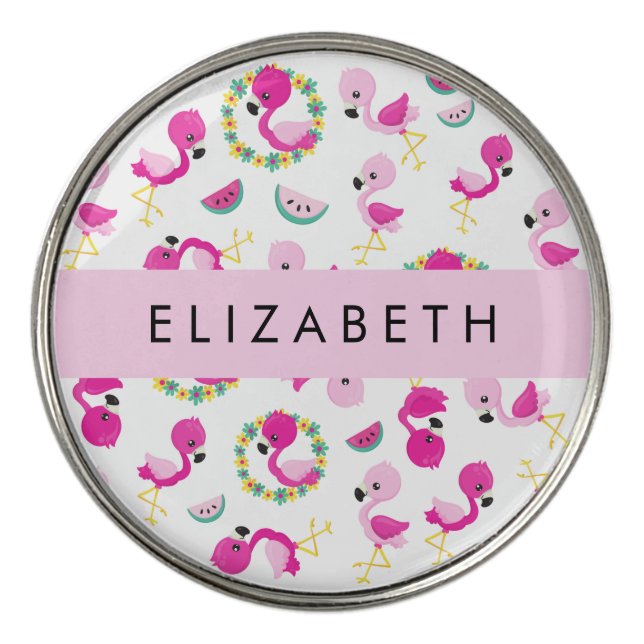 Tropical Pattern, Flamingos, Flowers, Your Name Golf Ball Marker (Front)