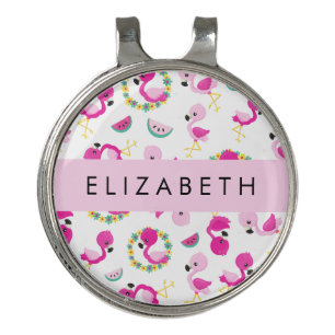 Tropical Pattern, Flamingos, Flowers, Your Name Golf Hat Clip