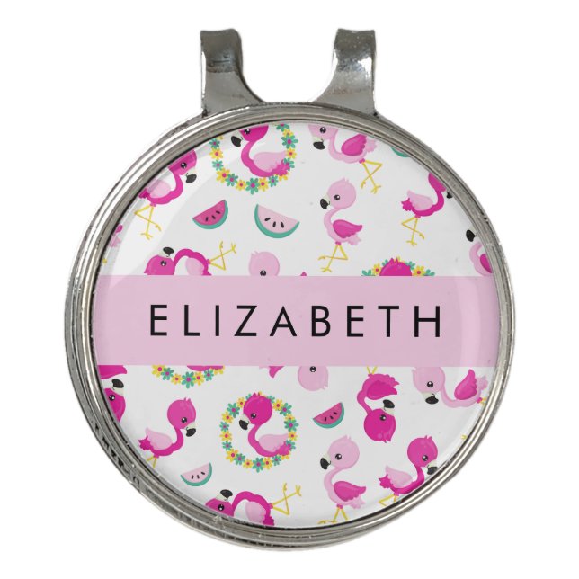 Tropical Pattern, Flamingos, Flowers, Your Name Golf Hat Clip (Front)
