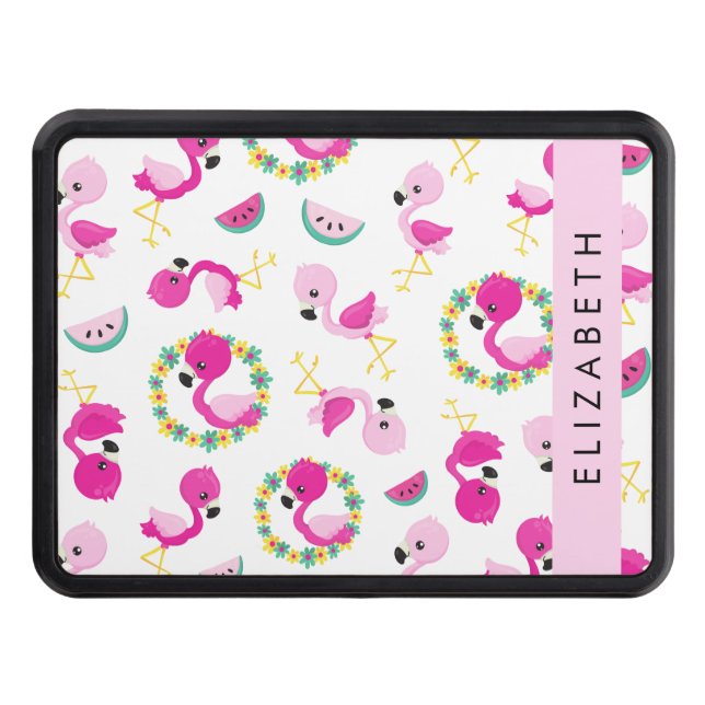 Tropical Pattern, Flamingos, Flowers, Your Name Hitch Cover (Front)
