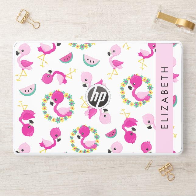 Tropical Pattern, Flamingos, Flowers, Your Name HP Laptop Skin (Desk)