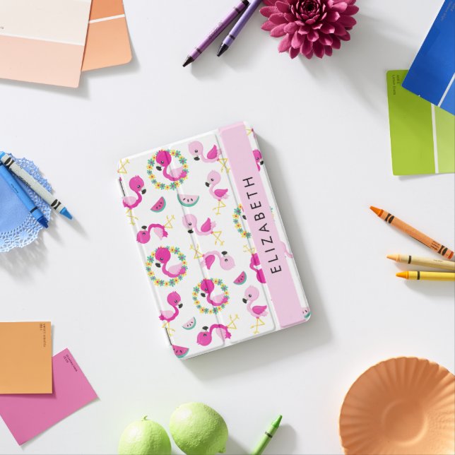 Tropical Pattern, Flamingos, Flowers, Your Name iPad Mini Cover (In Situ)