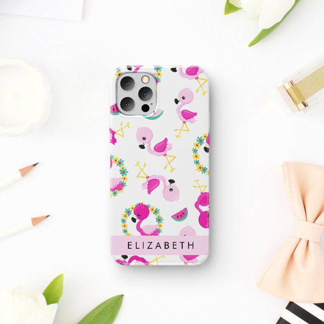 Tropical Pattern, Flamingos, Flowers, Your Name iPhone Case (Creator Uploaded)