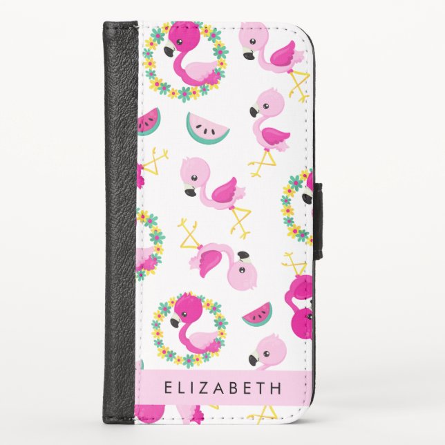 Tropical Pattern, Flamingos, Flowers, Your Name iPhone Wallet Case (Front)