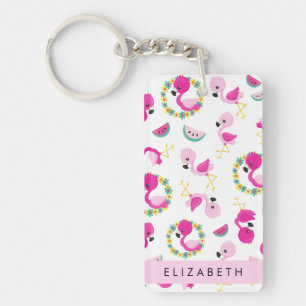 Tropical Pattern, Flamingos, Flowers, Your Name Keychain