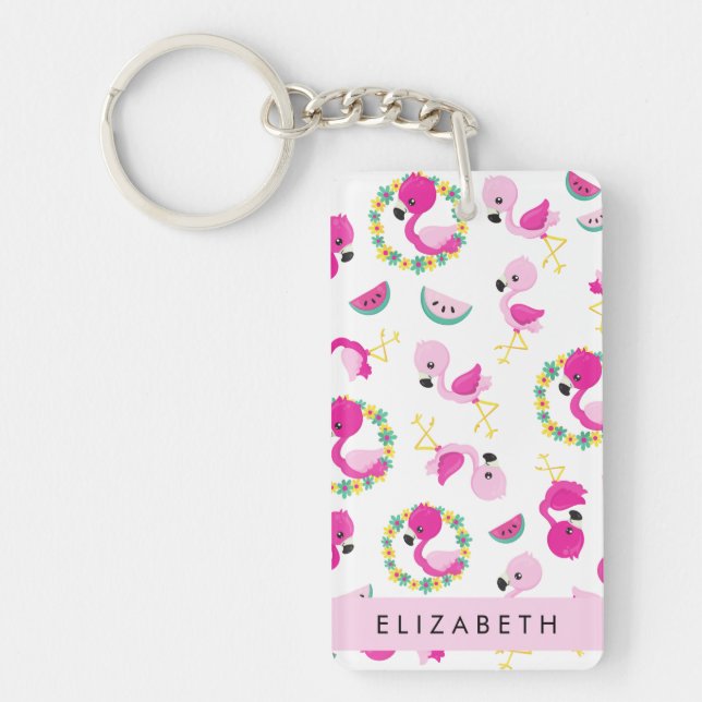 Tropical Pattern, Flamingos, Flowers, Your Name Keychain (Front)