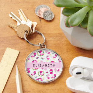 Tropical Pattern, Flamingos, Flowers, Your Name Keychain