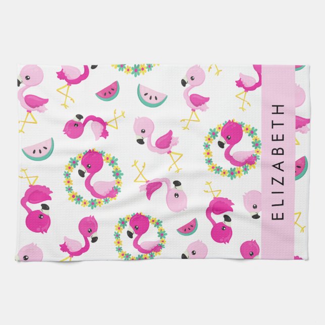 Tropical Pattern, Flamingos, Flowers, Your Name Kitchen Towel (Horizontal)