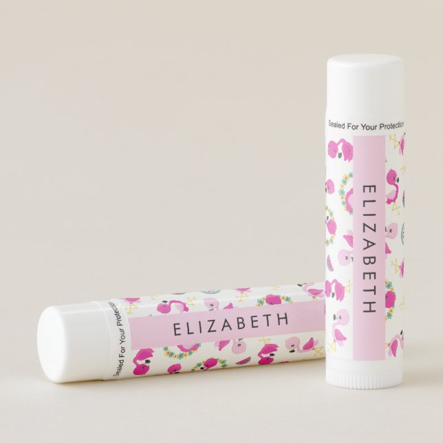 Tropical Pattern, Flamingos, Flowers, Your Name Lip Balm (Front)