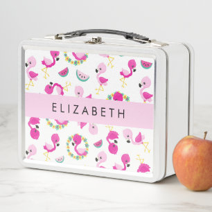 Tropical Pattern, Flamingos, Flowers, Your Name Metal Lunch Box