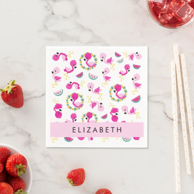 Tropical Pattern, Flamingos, Flowers, Your Name Napkins (Insitu)
