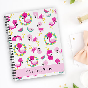 Tropical Pattern, Flamingos, Flowers, Your Name Notebook