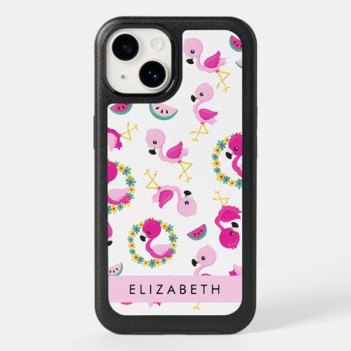 Tropical Pattern Flamingos Flowers Your Name OtterBox iPhone 14 Case
