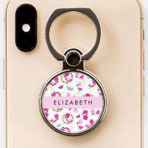 Tropical Pattern, Flamingos, Flowers, Your Name Phone Ring Stand