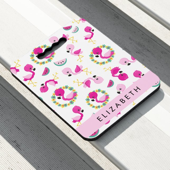 Tropical Pattern, Flamingos, Flowers, Your Name Seat Cushion (In Situ)