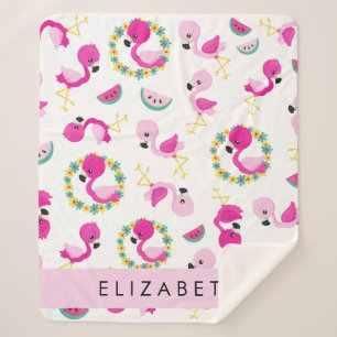 Tropical Pattern, Flamingos, Flowers, Your Name Sherpa Blanket