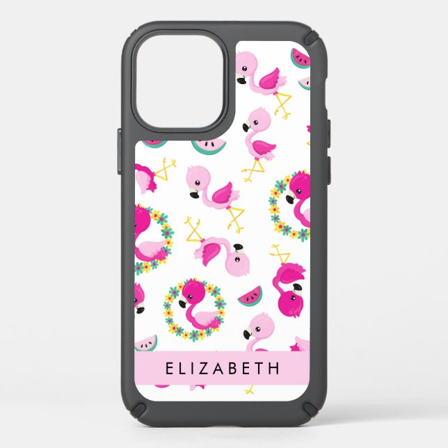 Tropical Pattern, Flamingos, Flowers, Your Name Speck iPhone 12 Case (Front)