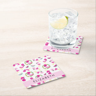 Tropical Pattern, Flamingos, Flowers, Your Name Square Paper Coaster