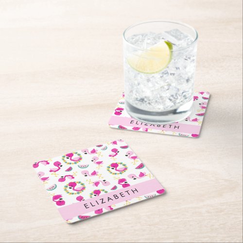Tropical Pattern Flamingos Flowers Your Name Square Paper Coaster