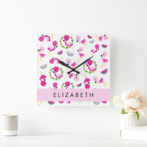 Tropical Pattern Flamingos Flowers Your Name Square Wall Clock
